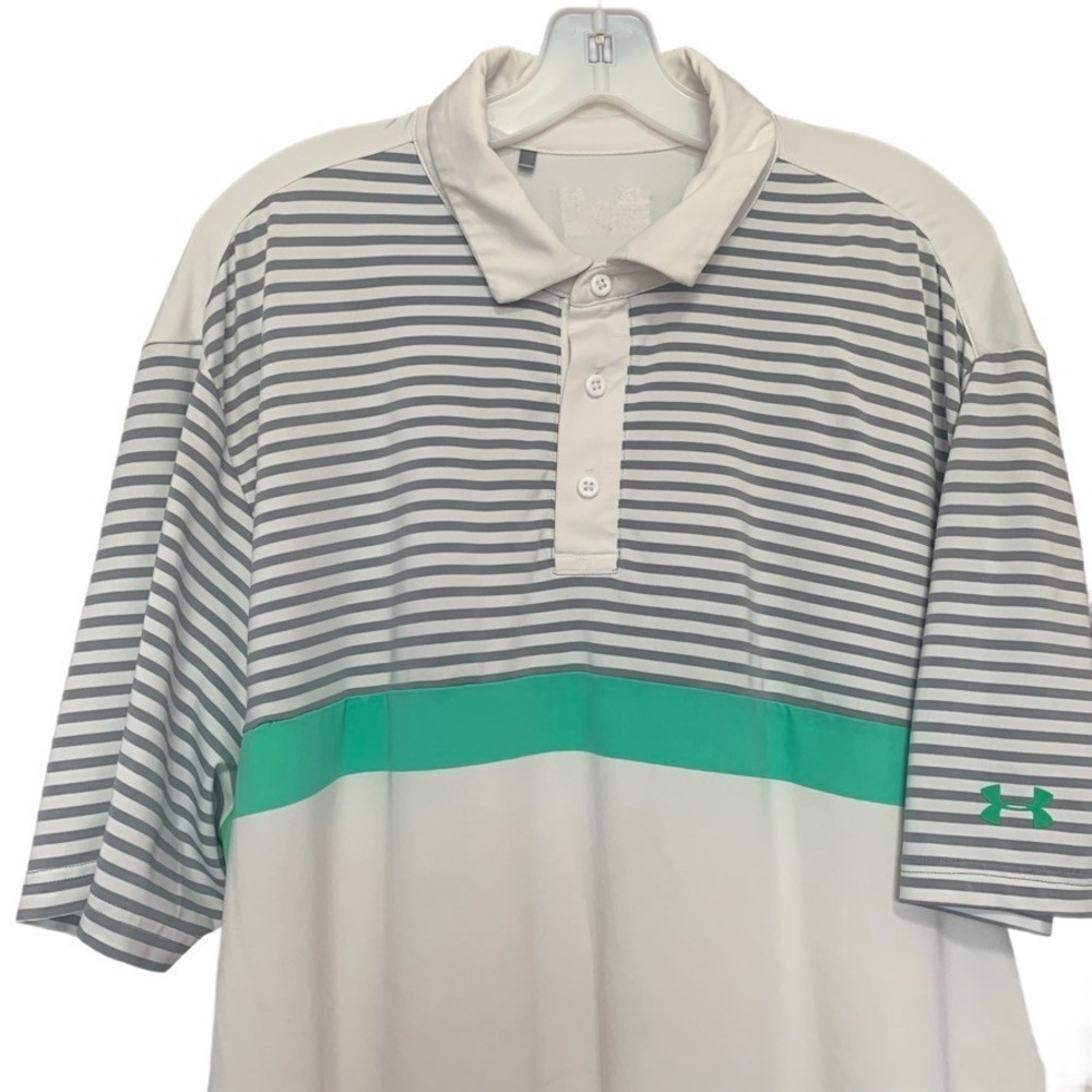Under Armour Playoff 2.0 Golf Polo Mens XL‎ White Gray Teal Striped HeatGear